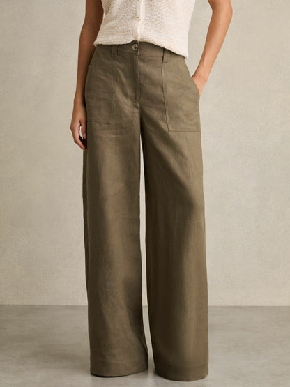 Petite Linen Wide Leg Trousers in Khaki Women | Reiss