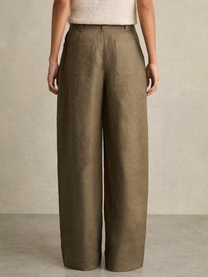 Petite Linen Wide Leg Trousers in Khaki Women | Reiss