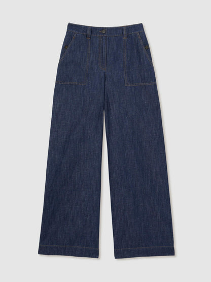 Petite Linen Wide Leg Trousers in Indigo Women | Reiss