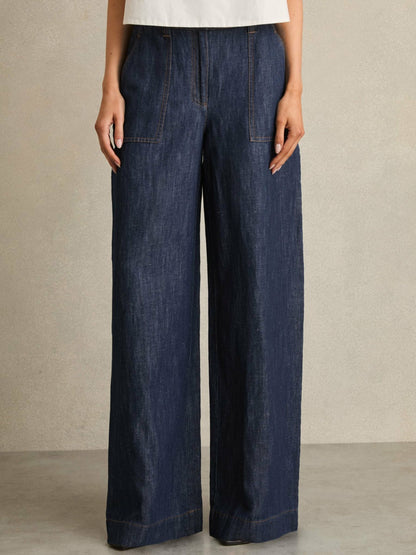 Petite Linen Wide Leg Trousers in Indigo Women | Reiss