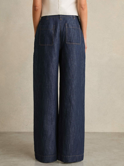 Petite Linen Wide Leg Trousers in Indigo Women | Reiss
