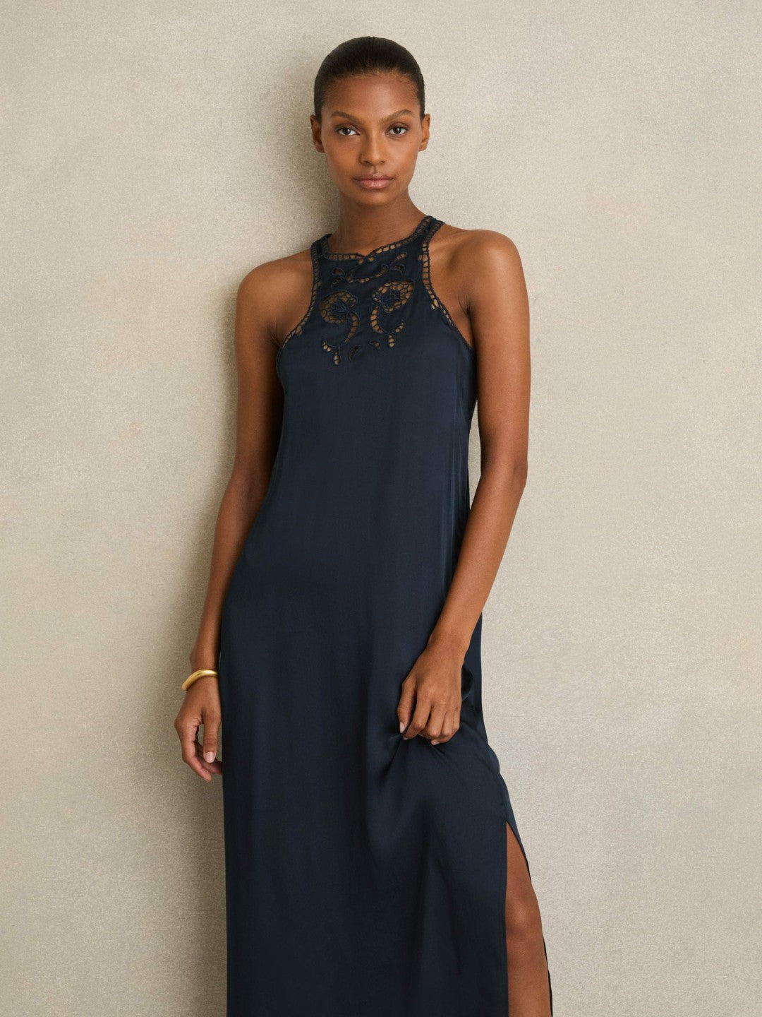 Satin Cut-Out Slip Dress in Navy Women | Reiss