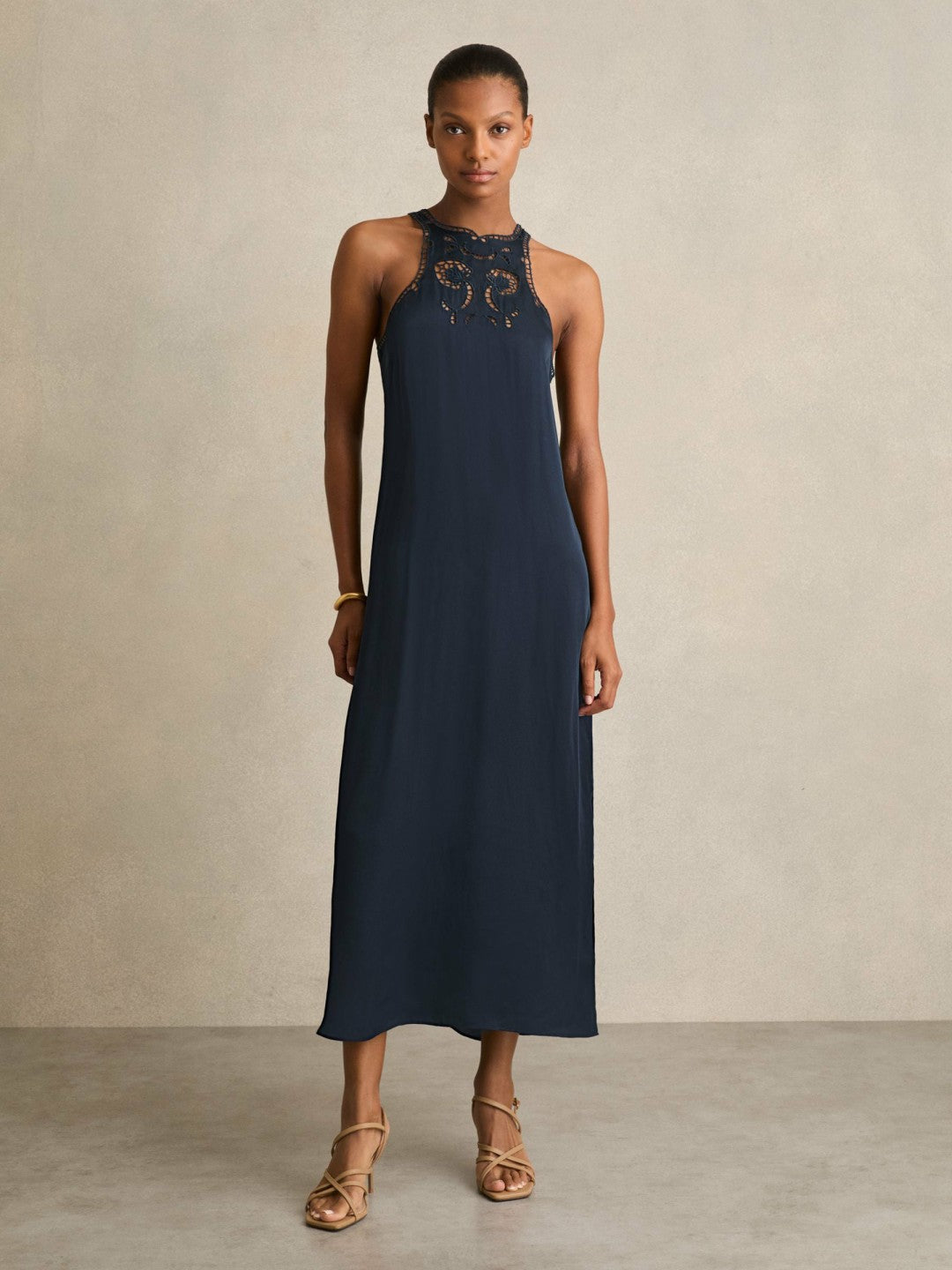 Satin Cut-Out Slip Dress in Navy Women | Reiss