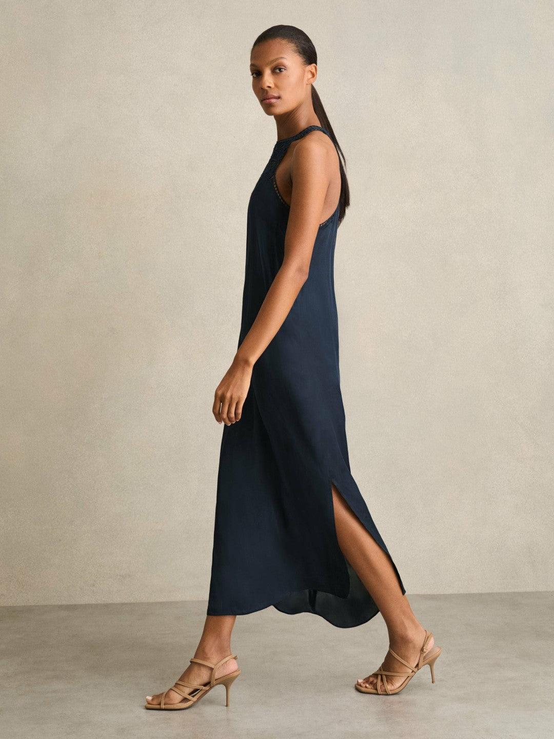 Satin Cut-Out Slip Dress in Navy Women | Reiss