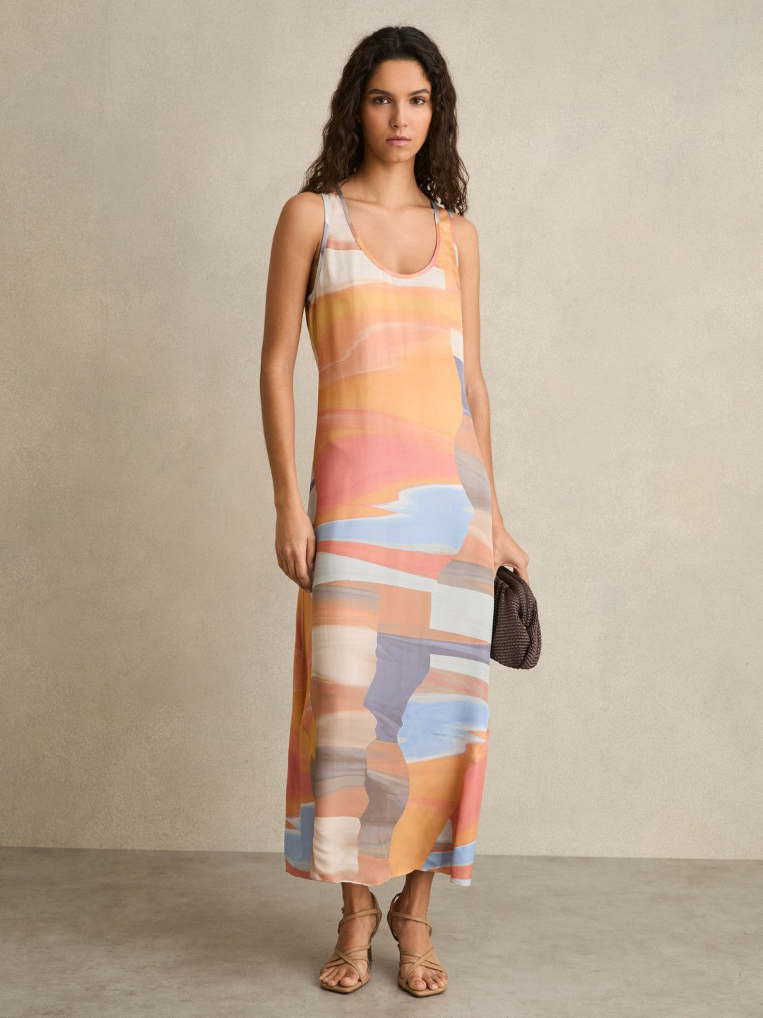 Sunset Print Sleeveless Slip Dress in Coral Women | Reiss