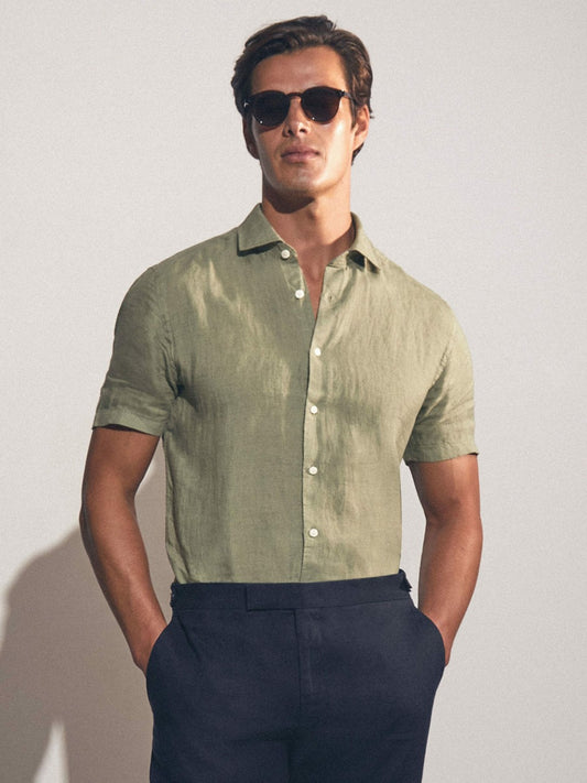 Slim Fit Linen Button-Through Shirt in Thyme Green Men | Reiss