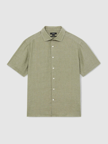Slim Fit Linen Button-Through Shirt in Thyme Green Men | Reiss