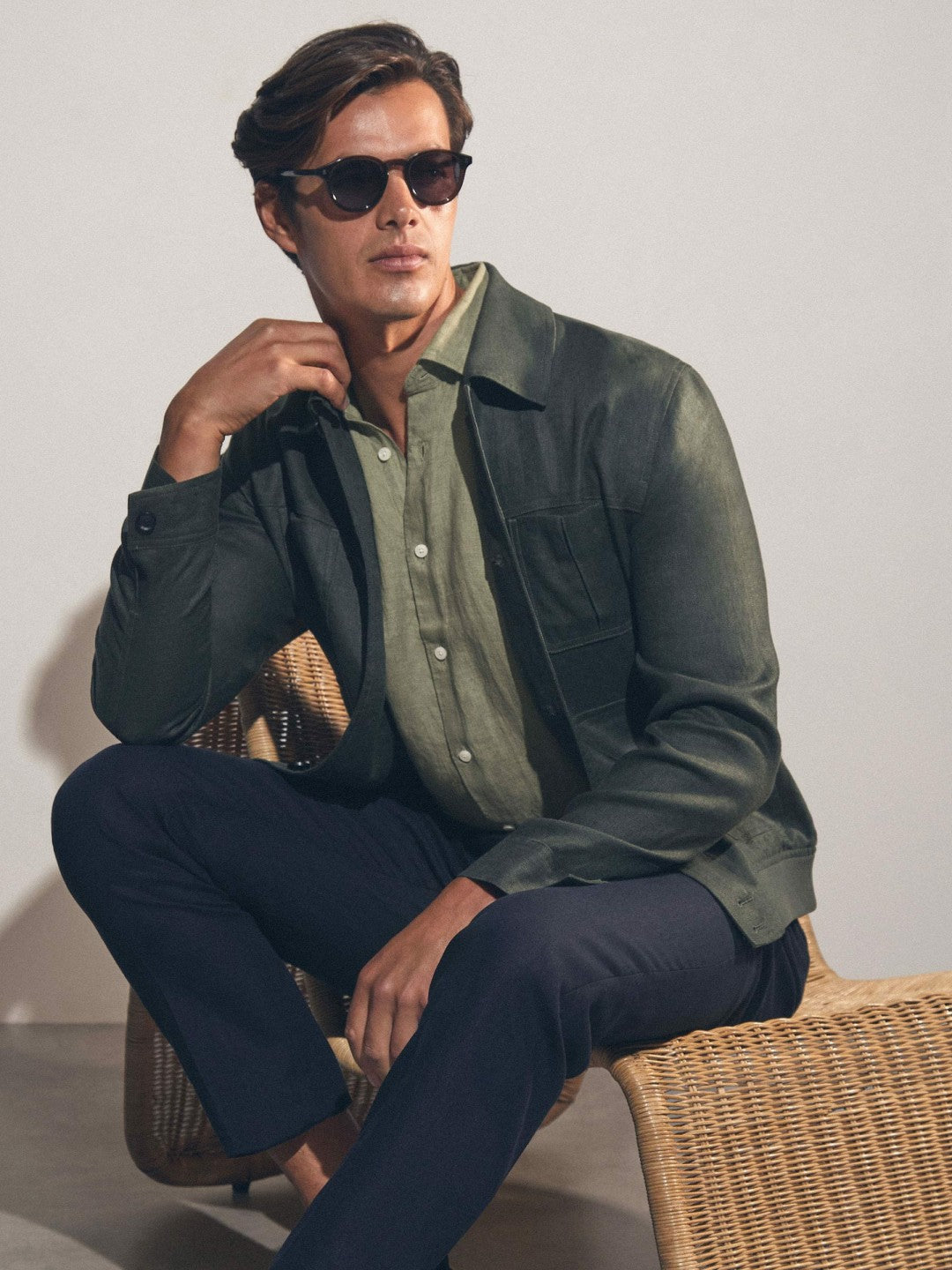 Slim Fit Linen Button-Through Shirt in Thyme Green Men | Reiss