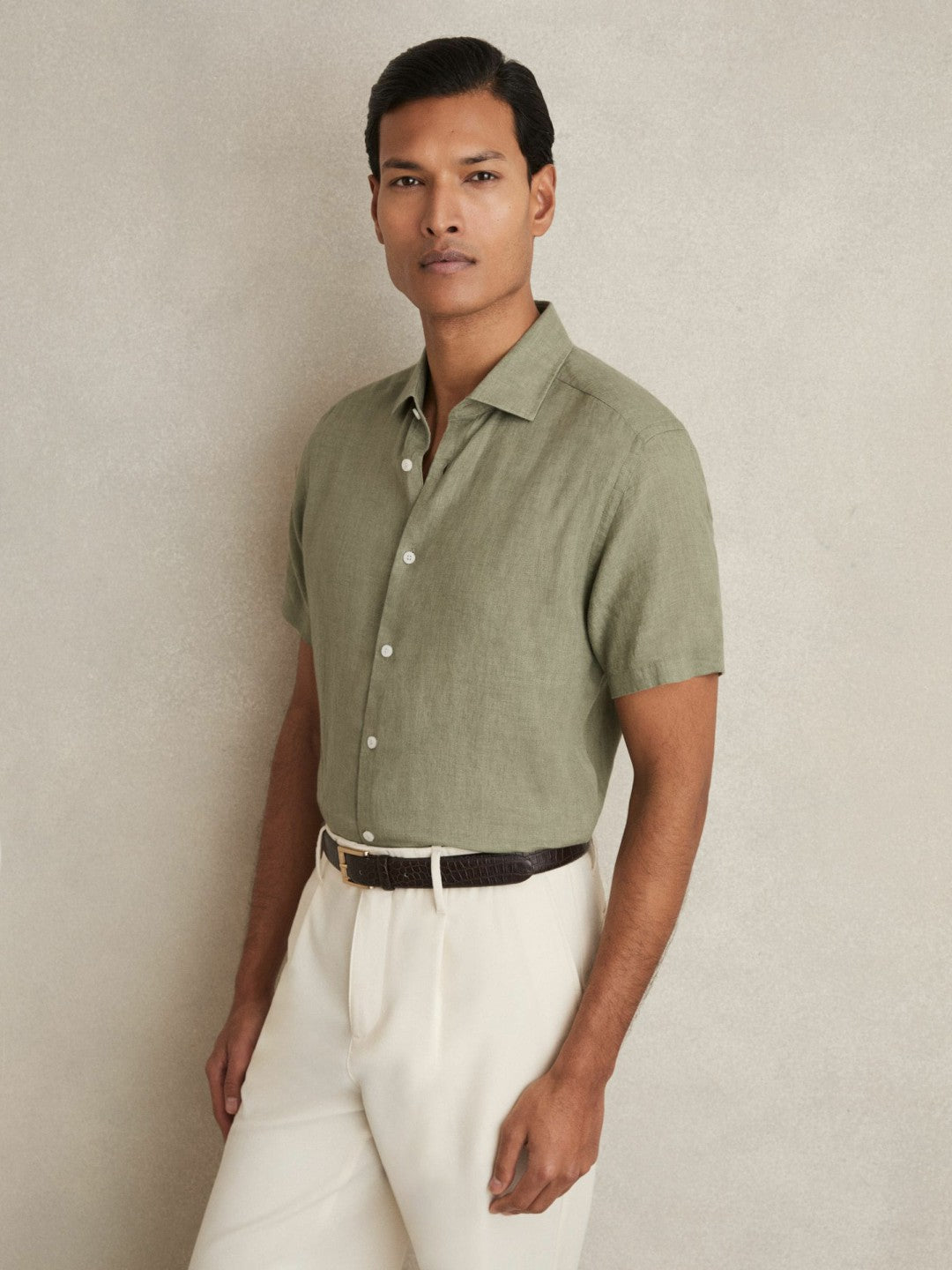 Slim Fit Linen Button-Through Shirt in Thyme Green Men | Reiss