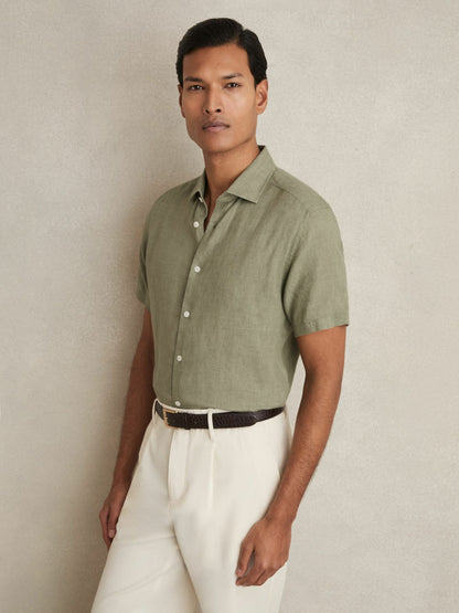 Slim Fit Linen Button-Through Shirt in Thyme Green Men | Reiss