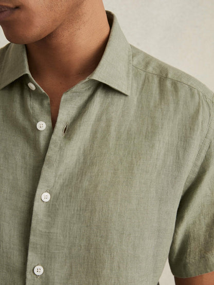 Slim Fit Linen Button-Through Shirt in Thyme Green Men | Reiss