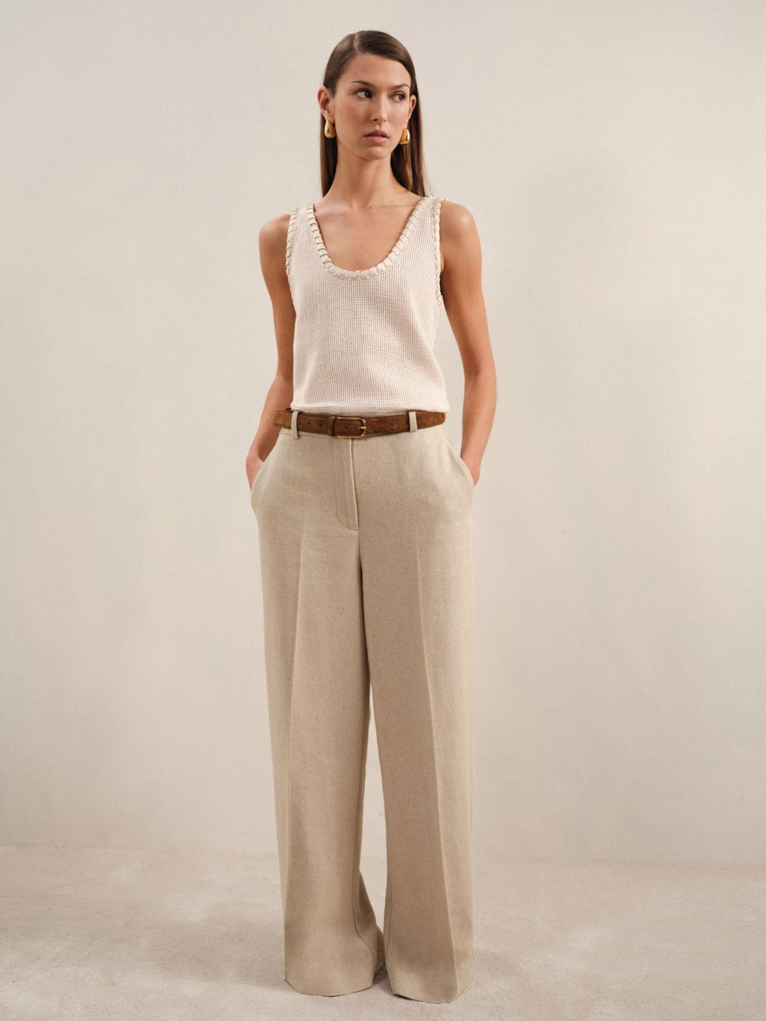 Linen-Blend Wide-Leg Trousers in Neutral Women | Reiss