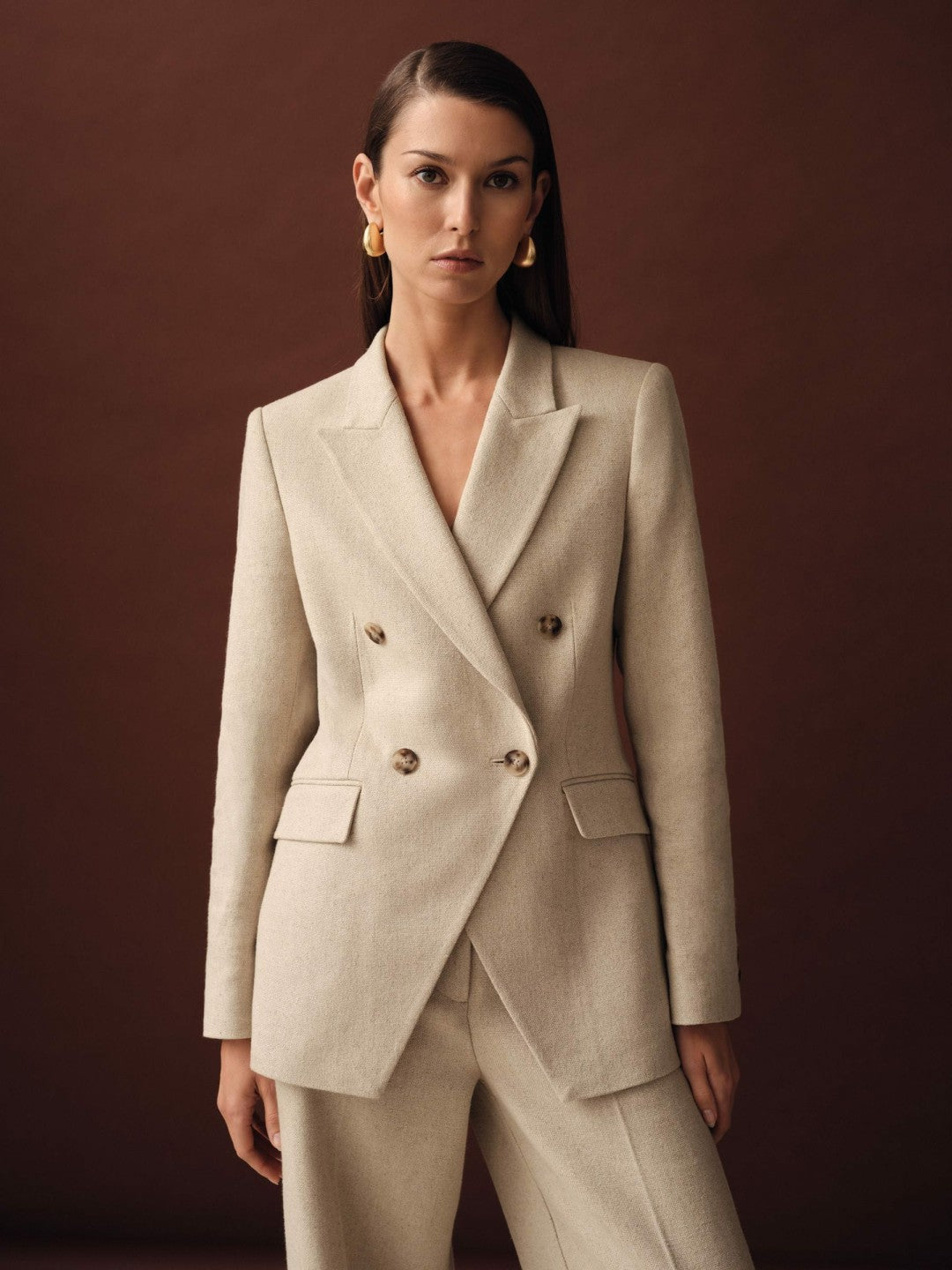 Linen-Blend Double-Breasted Suit Jacket in Neutral Women | Reiss