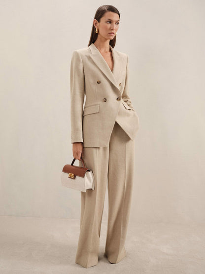Linen-Blend Double-Breasted Suit Jacket in Neutral Women | Reiss