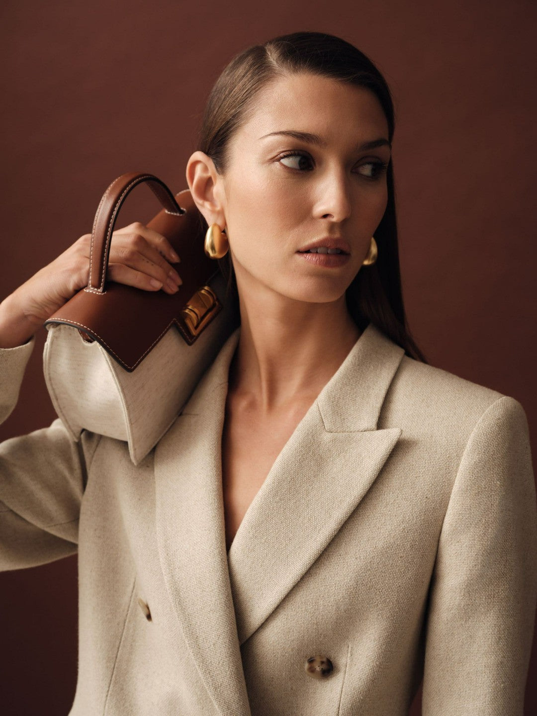 Linen-Blend Double-Breasted Suit Jacket in Neutral Women | Reiss