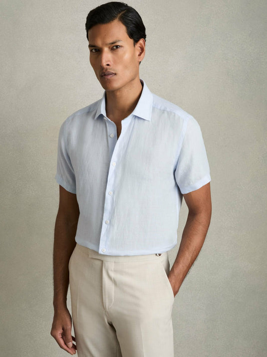 Slim Fit Linen Button-Through Shirt in Pale Blue Men | Reiss