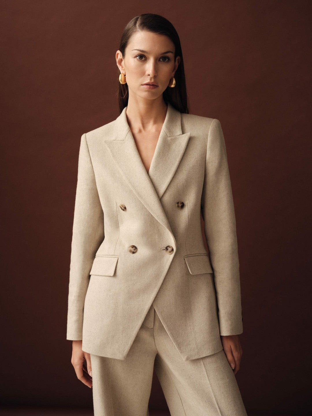 Petite Linen-Blend Double-Breasted Suit Jacket in Neutral Women | Reiss