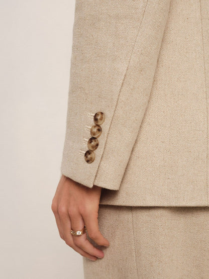 Petite Linen-Blend Double-Breasted Suit Jacket in Neutral Women | Reiss