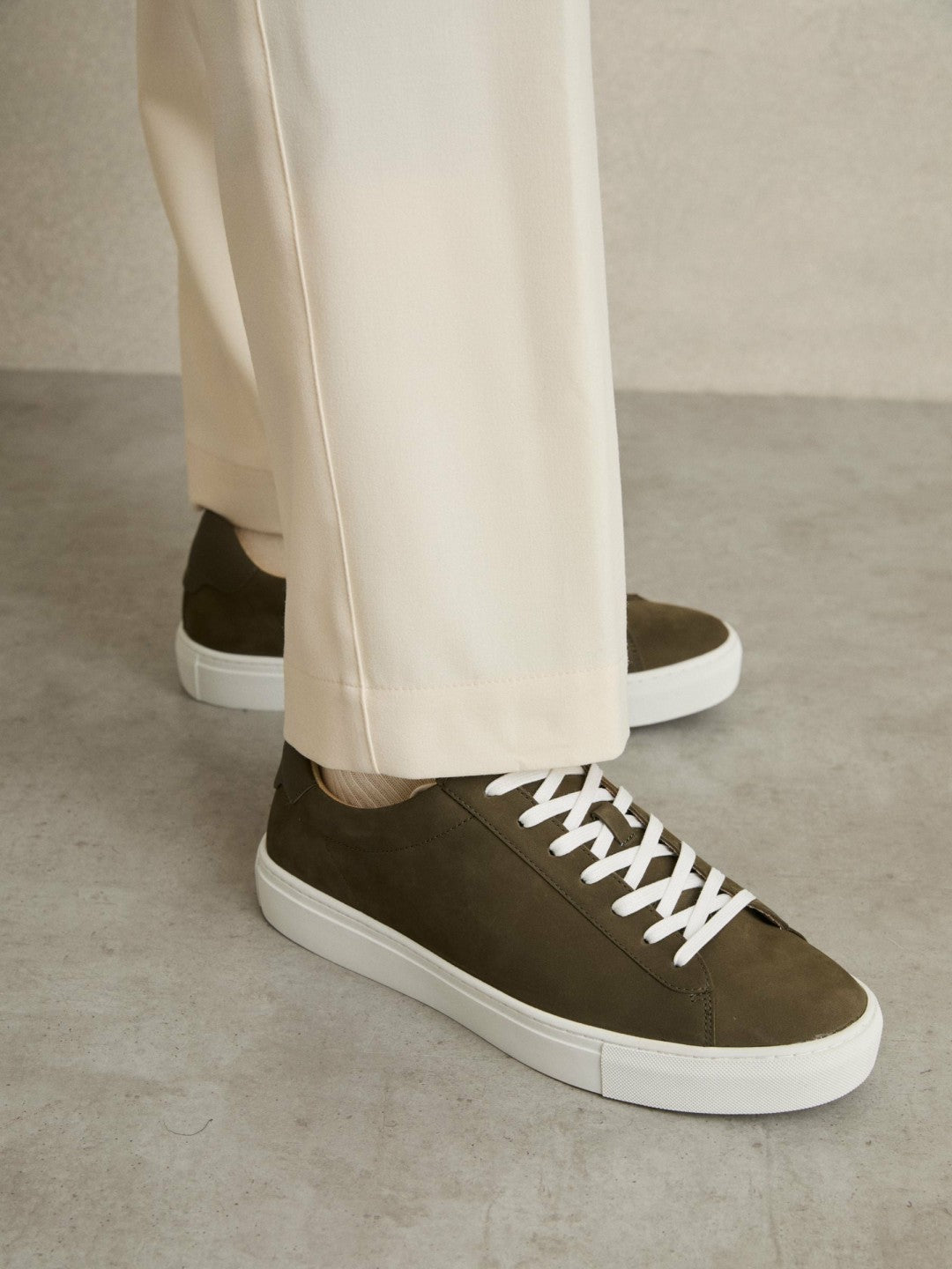 Nubuck-Leather Low-Top Trainers in Olive Green Men | Reiss