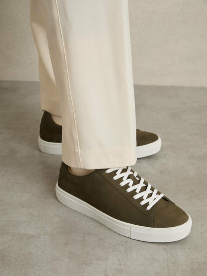 Nubuck-Leather Low-Top Trainers in Olive Green Men | Reiss
