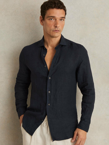Linen Button-Through Shirt in Navy Men | Reiss