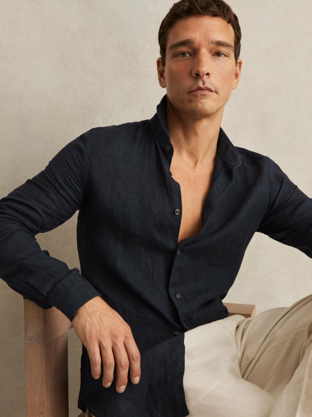 Linen Button-Through Shirt in Navy Men | Reiss