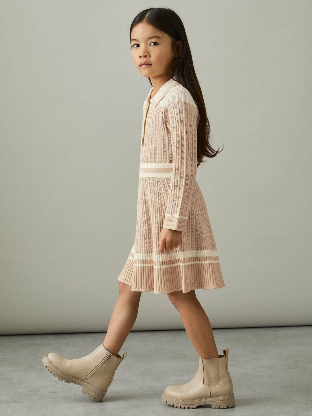 4-9 yrs Rib-Knit Pointelle Flared Dress in Pale Pink Children & Baby | Reiss