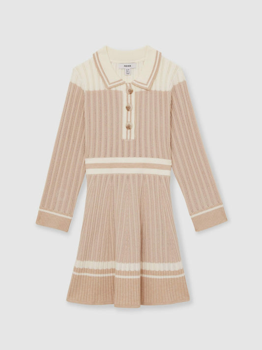 13-14 yrs Rib-Knit Pointelle Flared Dress in Pale Pink Children & Baby | Reiss