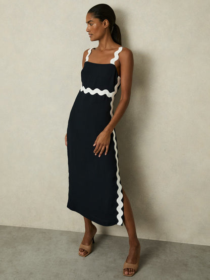Wave-Trim Crepe Midi Dress in Navy Women | Reiss