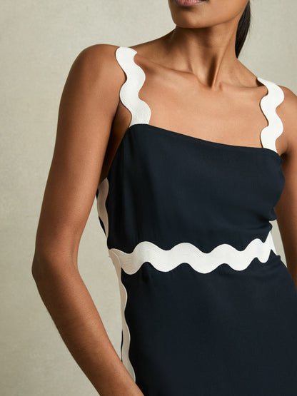 Wave-Trim Crepe Midi Dress in Navy Women | Reiss