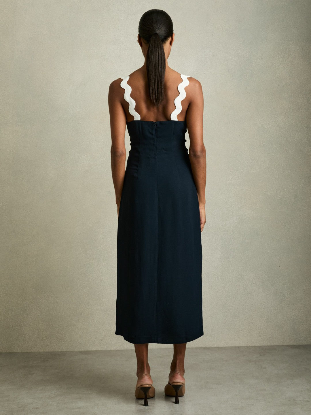Wave-Trim Crepe Midi Dress in Navy Women | Reiss