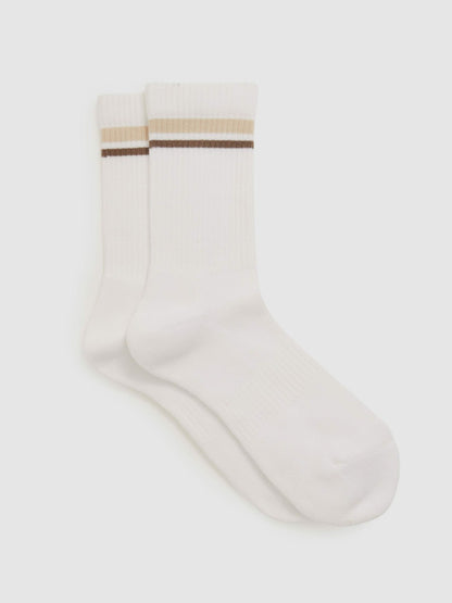 Cotton-Blend Striped Crew Socks in White Women | Reiss