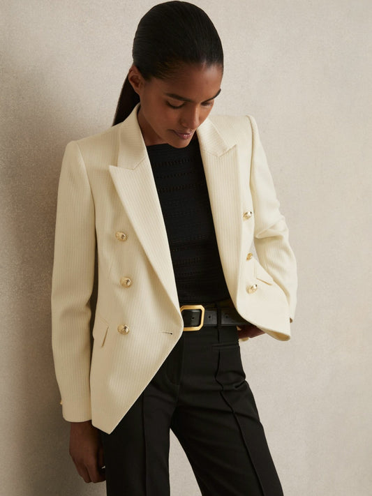 Tailored Fit Textured Double Breasted Blazer in White Women | Reiss