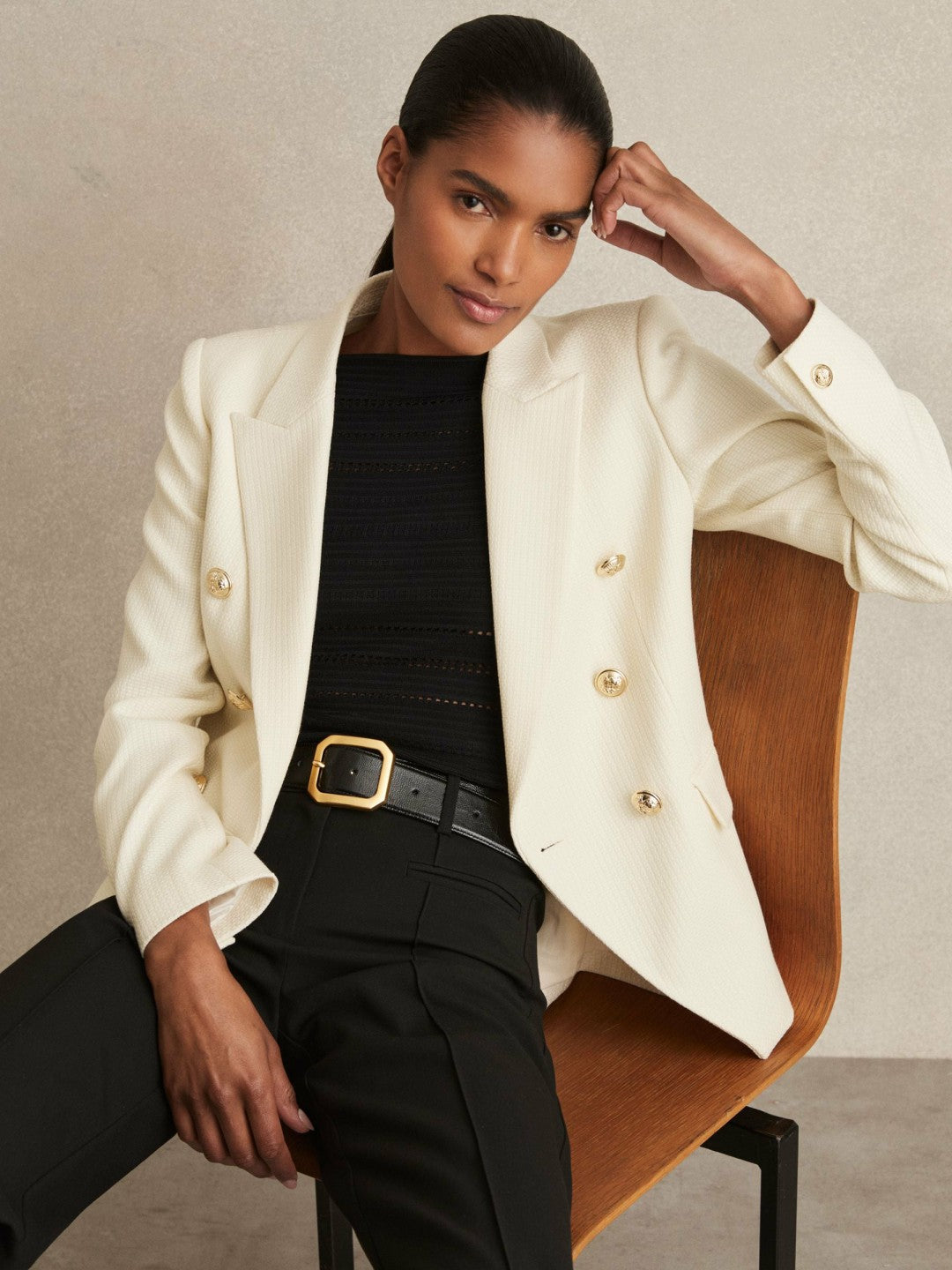 Petite Tailored Fit Textured Double Breasted Blazer in White Women | Reiss
