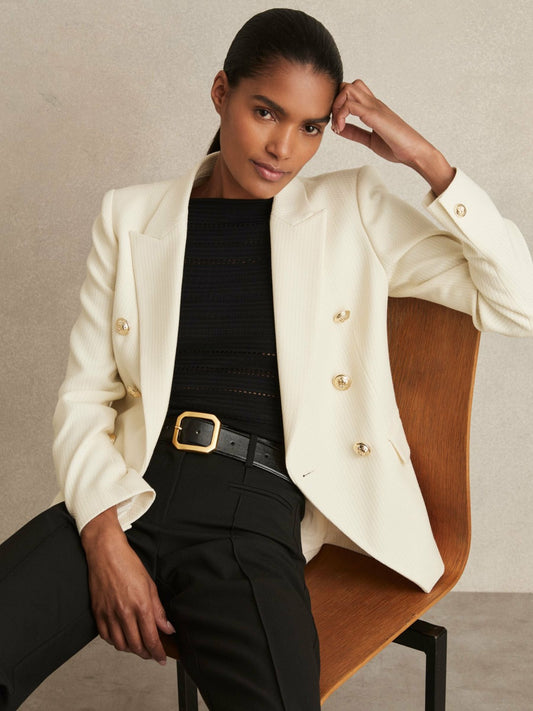 Petite Tailored Fit Textured Double Breasted Blazer in White Women | Reiss