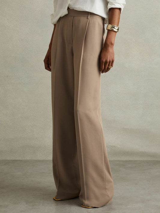 Petite Elasticated-Waist Wide-Leg Twill Trousers in Mink Neutral Women | Reiss