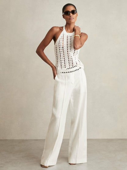 Linen Wide-Leg Whipstitch Trousers in White Women | Reiss