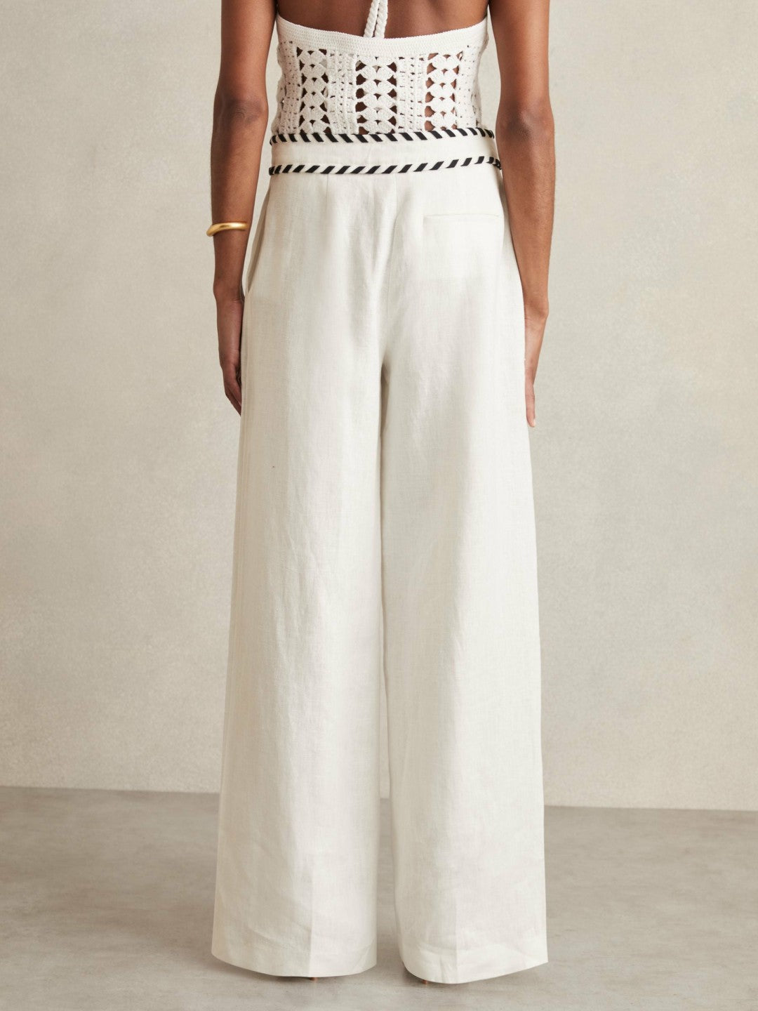 Linen Wide-Leg Whipstitch Trousers in White Women | Reiss