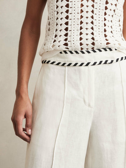 Petite Linen Wide-Leg Whipstitch Trousers in White Women | Reiss