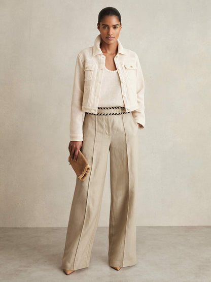 Linen Wide-Leg Whipstitch Trousers in Neutral Women | Reiss