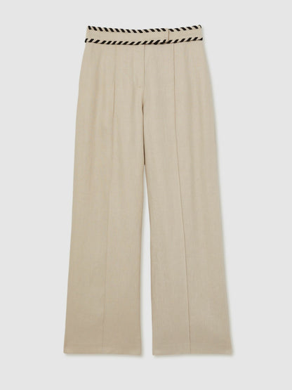Linen Wide-Leg Whipstitch Trousers in Neutral Women | Reiss