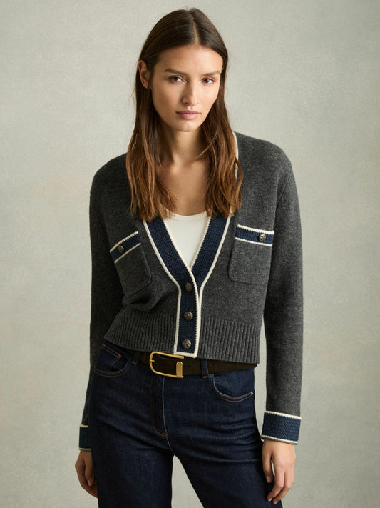 Wool-Cashmere Tipped V-Neck Cardigan in Charcoal Women | Reiss