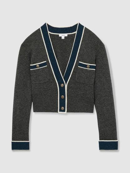 Wool-Cashmere Tipped V-Neck Cardigan in Charcoal Women | Reiss