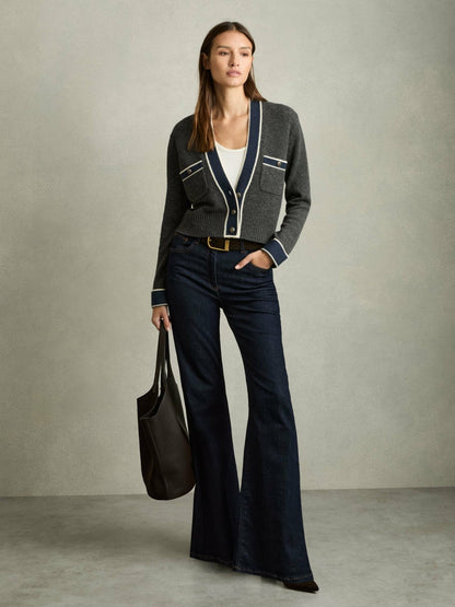 Wool-Cashmere Tipped V-Neck Cardigan in Charcoal Women | Reiss