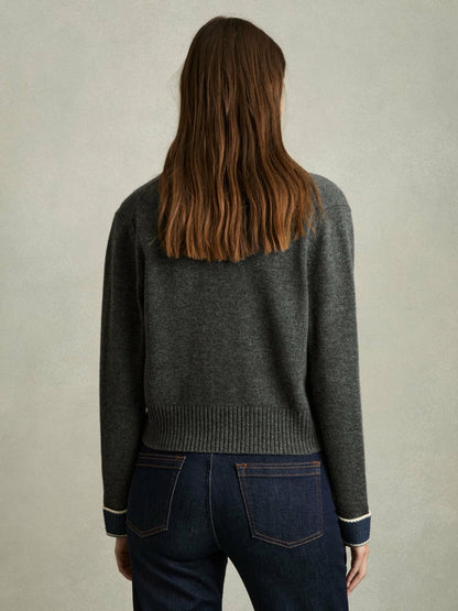 Wool-Cashmere Tipped V-Neck Cardigan in Charcoal Women | Reiss