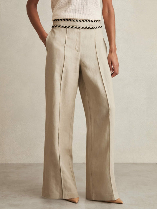 Petite Linen Wide-Leg Whipstitch Trousers in Neutral Women | Reiss