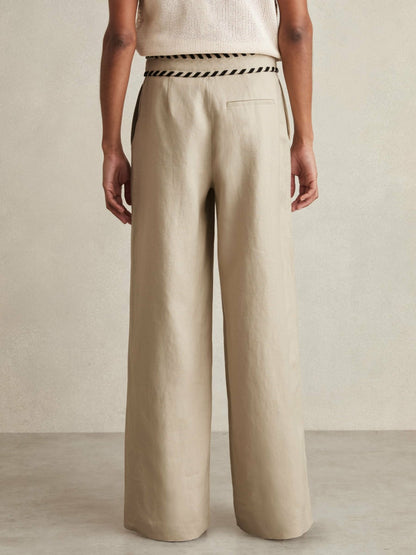 Petite Linen Wide-Leg Whipstitch Trousers in Neutral Women | Reiss