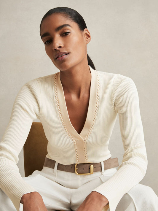 Craft-Stitch Rib-Knit Top in Ivory Women | Reiss