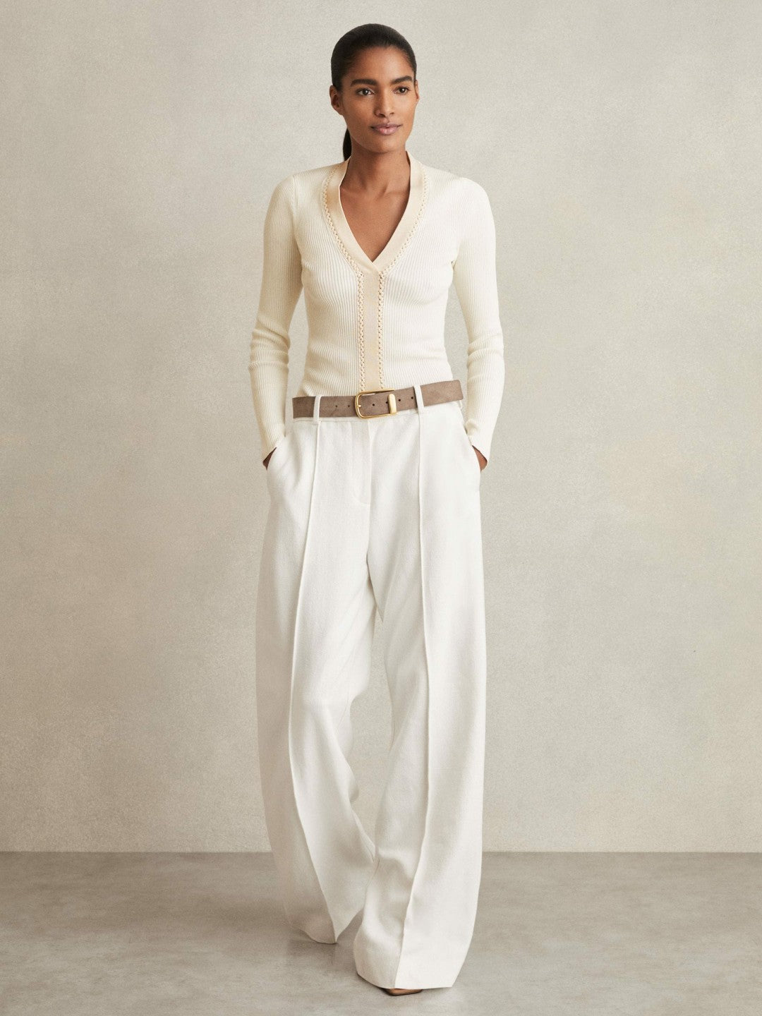 Craft-Stitch Rib-Knit Top in Ivory Women | Reiss