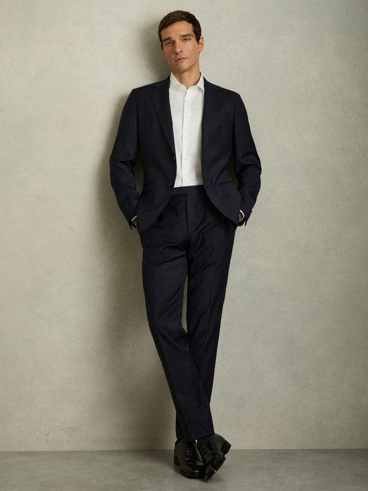 Slim-Fit Wool-Blend Textured Tailored Trousers in Navy Men | Reiss